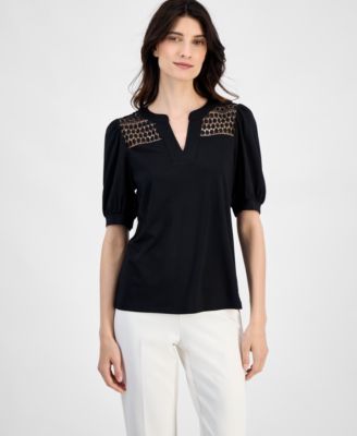 Anne Klein - Women's Lace-Inset Puff-Sleeve Blouse