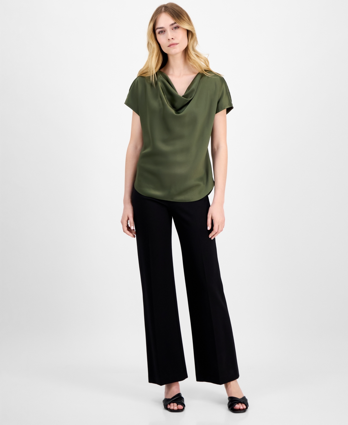 ANNE KLEIN WOMEN'S SOLID COWLNECK SHORT-SLEEVE BLOUSE 