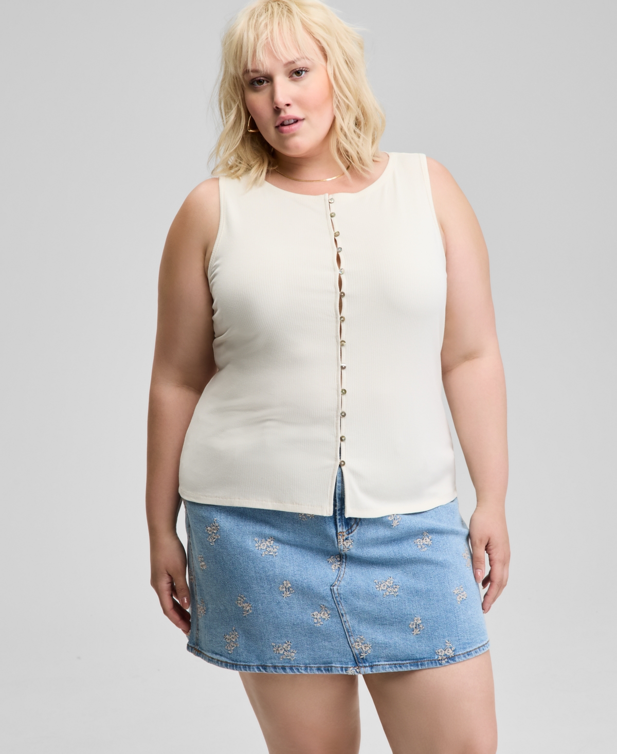 And Now This Now This Trendy Plus Size Button Front Tank Top Floral Embroidered Denim Skirt Exclusively At Macys In Blue