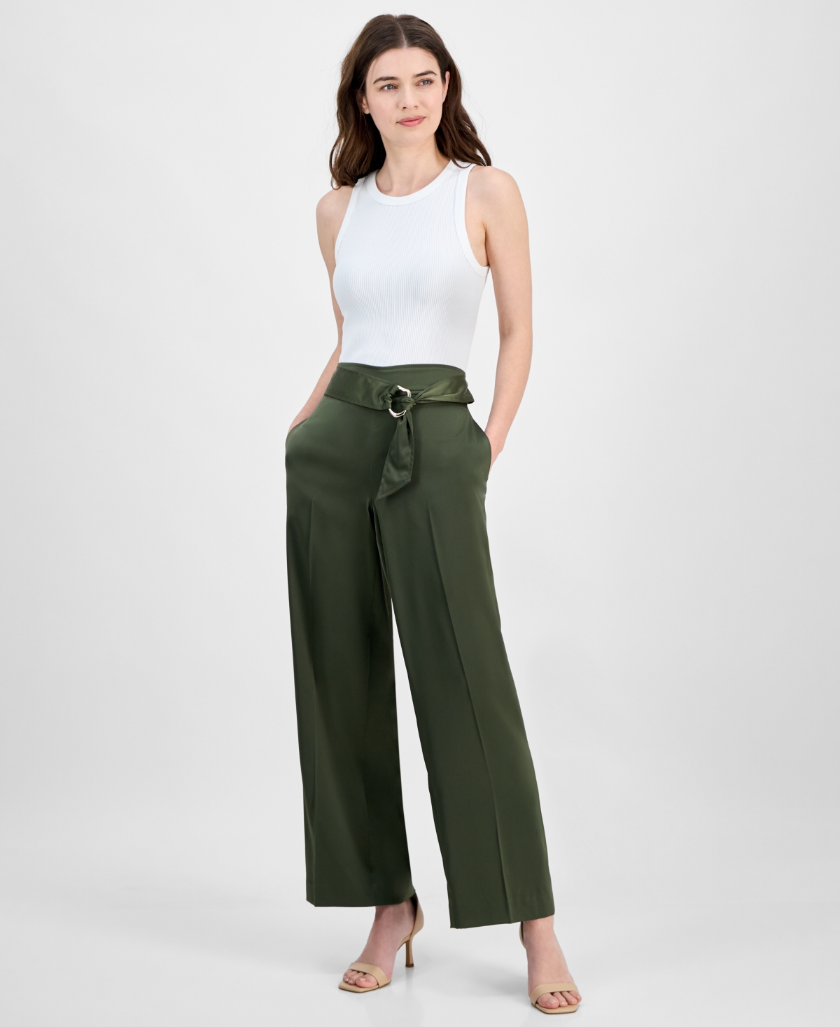 Petite Belted High Rise Pull-On Pants - Olive Palm