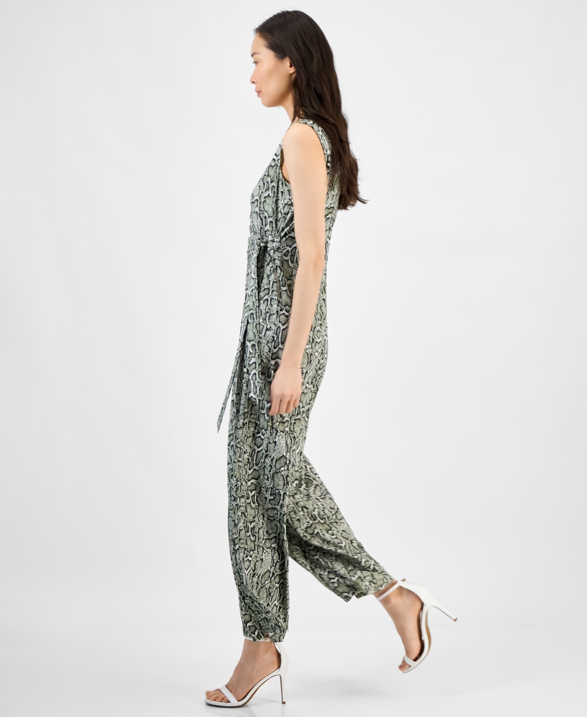 Anne Klein Women's Printed Faux-wrap Sleeveless Wide-leg Jumpsuit In Blue