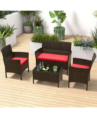 8 PCS Patio Furniture Set with Washable Cushions and Tempered Glass Coffee Table