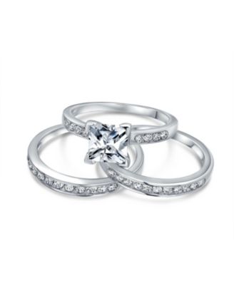 Square 2CT Solitaire Princess Cut CZ 3 Triple Pave Band Guard Inset Enhancers  Ring Set .925 Sterling Silver