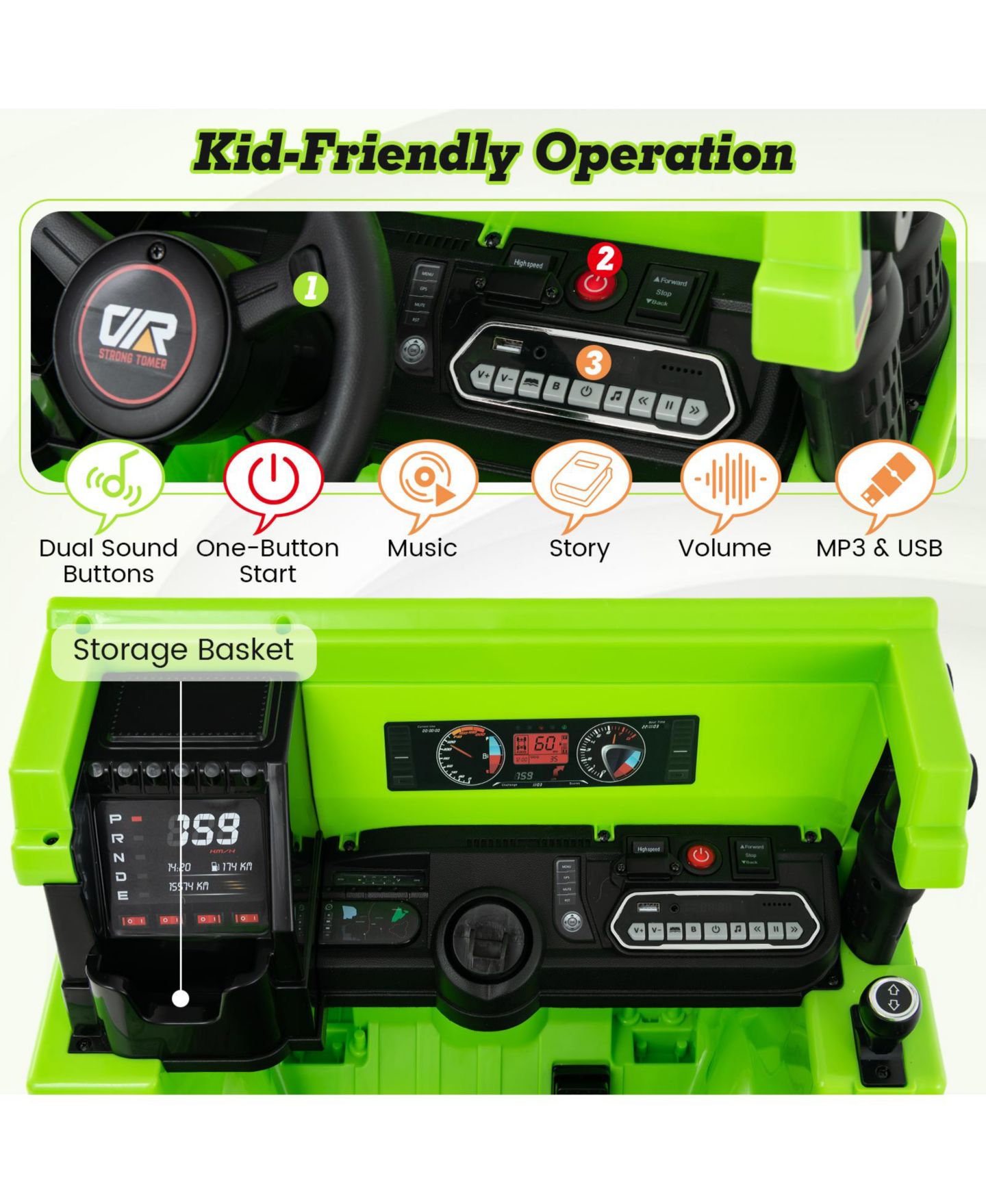 Детская игрушка HONGGE 12V Kids Ride-On Dump Truck with Electric Dump Bed and Remote, цвет: Зелёный — фото 4