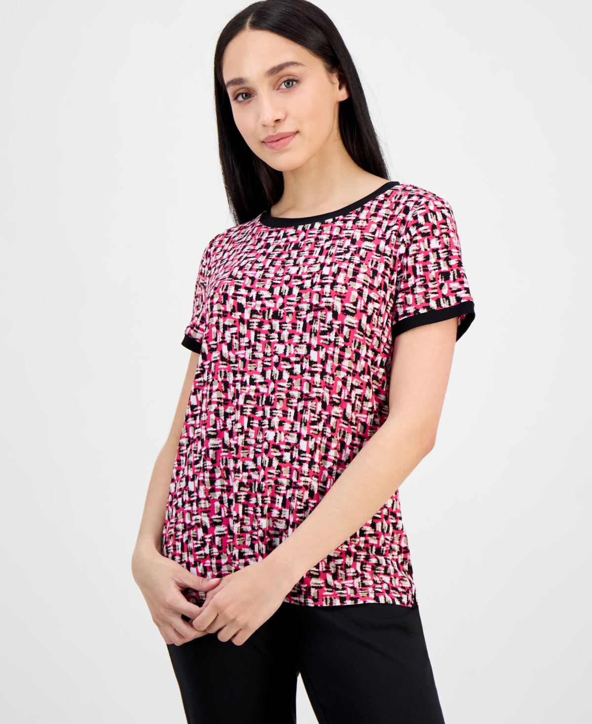 AK ANNE KLEIN PETITE PRINTED BUTTON-BACK SHORT-SLEEVE BLOUSE 