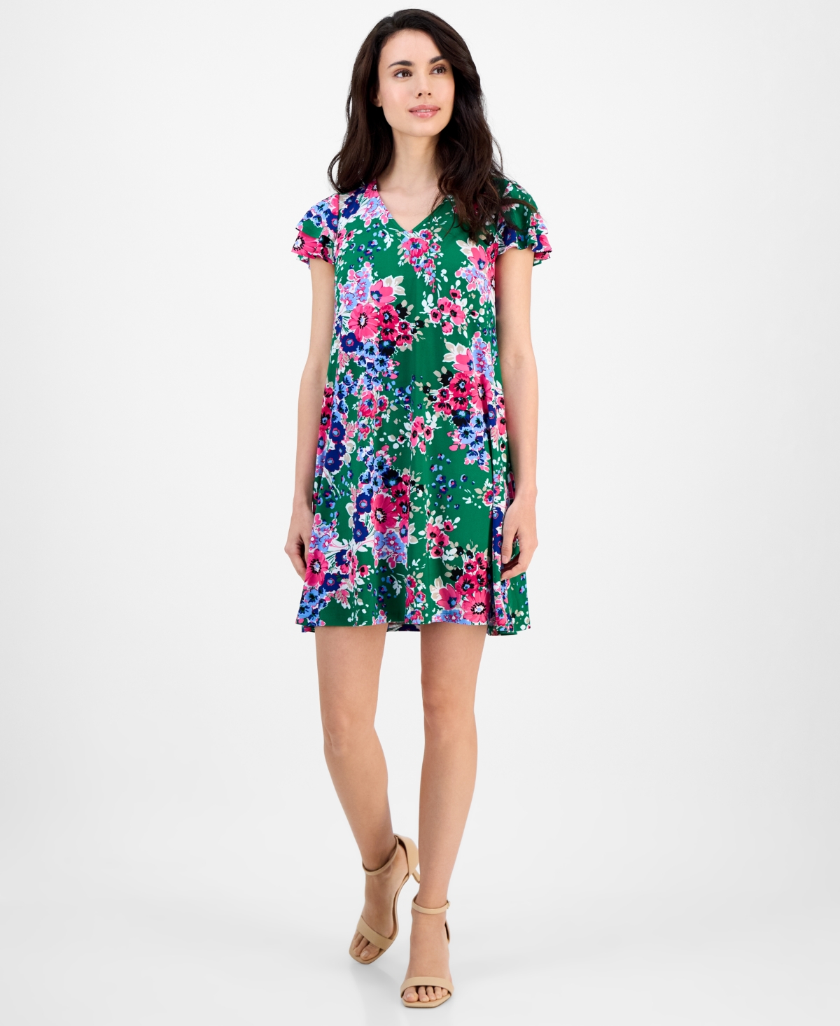 Petite Floral-Print Flutter-Sleeve Shift Dress - Tropical Green Multi