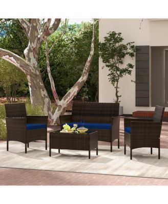4 Piece Outdoor Wicker Furniture Set Patio Rattan Conversation Set  w /Cushions