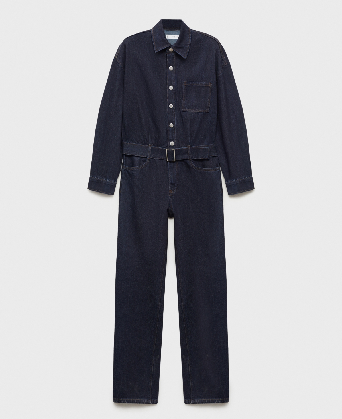Mango Belted Long Sleeve Jumpsuit In Open Blue