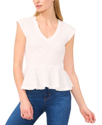 CeCe Women's V-Neck Puckered Knit Peplum Top - Macy's