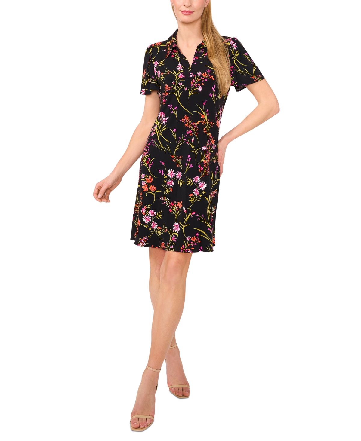 Women's Short-Sleeve Printed Knit Polo Dress - Rich Black