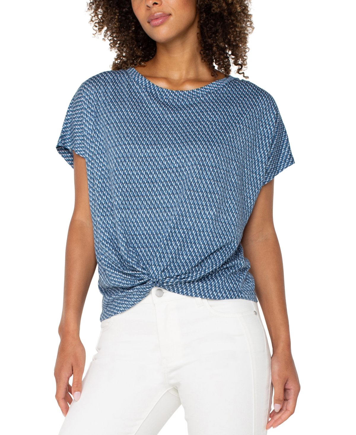 Liverpool Los Angeles Petite Twist-hem Flutter-sleeve Top In Blue