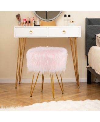 Faux Fur Vanity Stool Chair with Metal Legs for Bedroom and Living Room