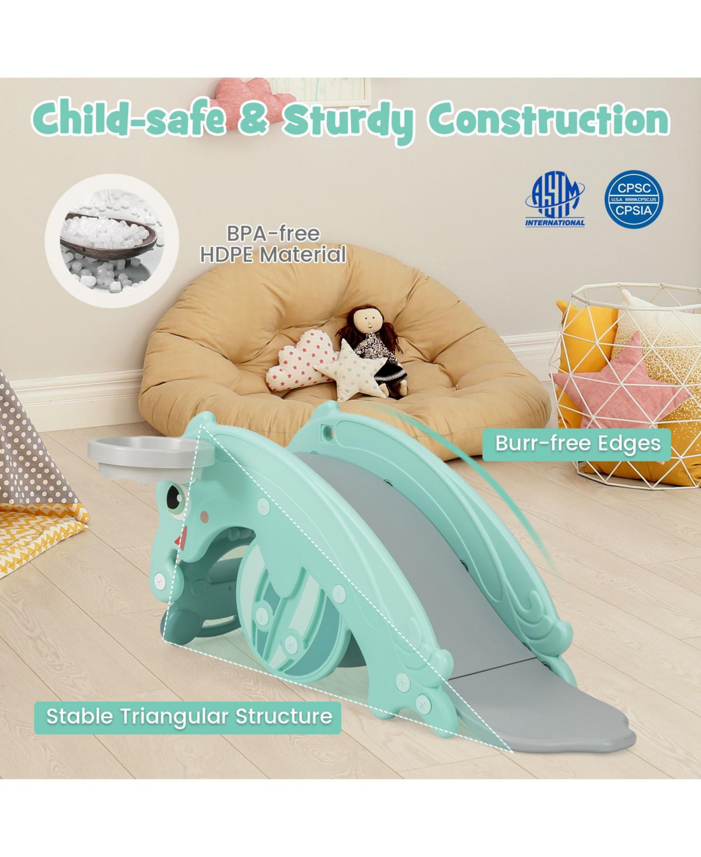 Детские игрушки GOUUN 3-in-1 Kids Slide Rocking Horse Set Convertible Toddler Slide with Basketball Hoop, цвет: Зелёный — фото 8