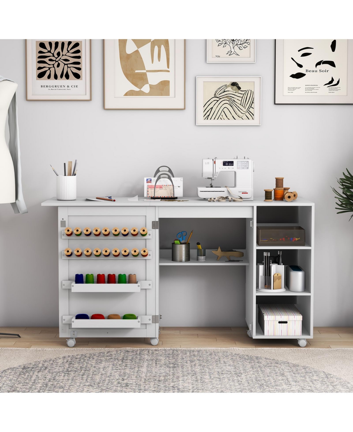 Multifunctional Folding Sewing Machine Craft Station with Storage Shelves