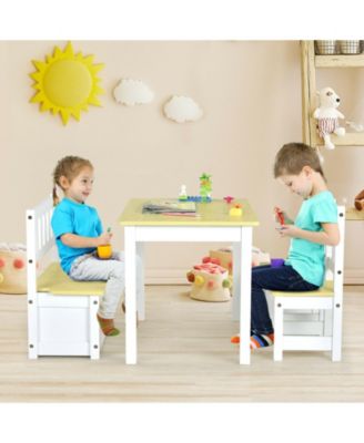 4 Pieces Kids Wooden Activity Table and Chairs Set with Storage Bench and Study Desk
