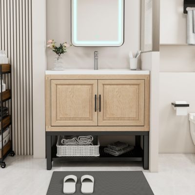 36" Bathroom Vanity with White Ceramic Sink & Faucet,Freestanding Bathroom Cabinet with 2 Storage Doors and Open iron Shelf