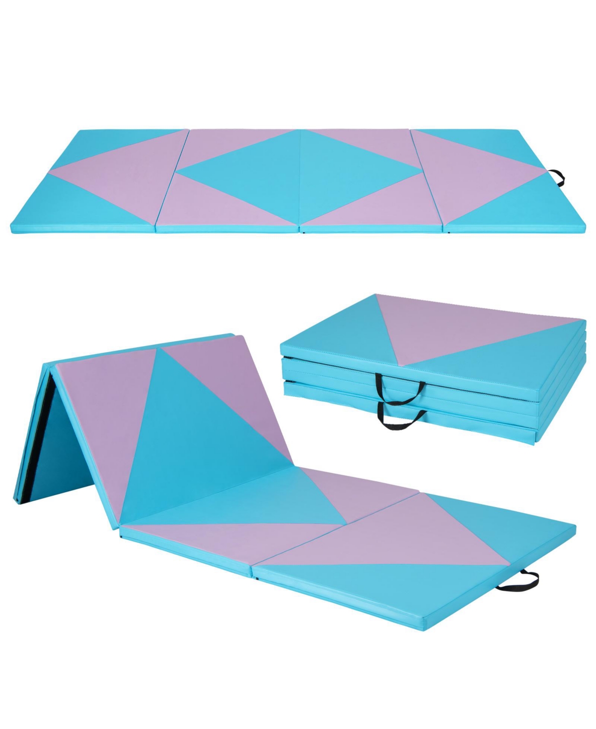 4-Panel Pu Leather Folding Exercise Gym Mat with Hook and Loop Fasteners - Blue+pink
