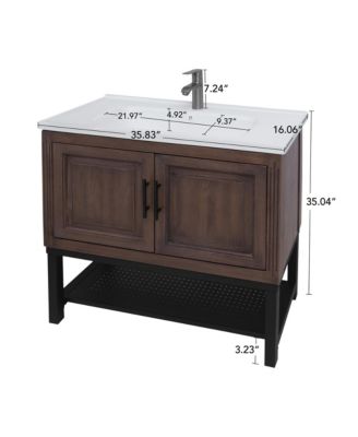 36" Freestanding Ceramic Sink Bathroom Vanity with Faucet and Iron Shelf Cabinet