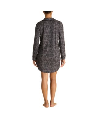 Women's Long Sleeve Button Up Notch Collar Nightshirt with Piping and Pocket