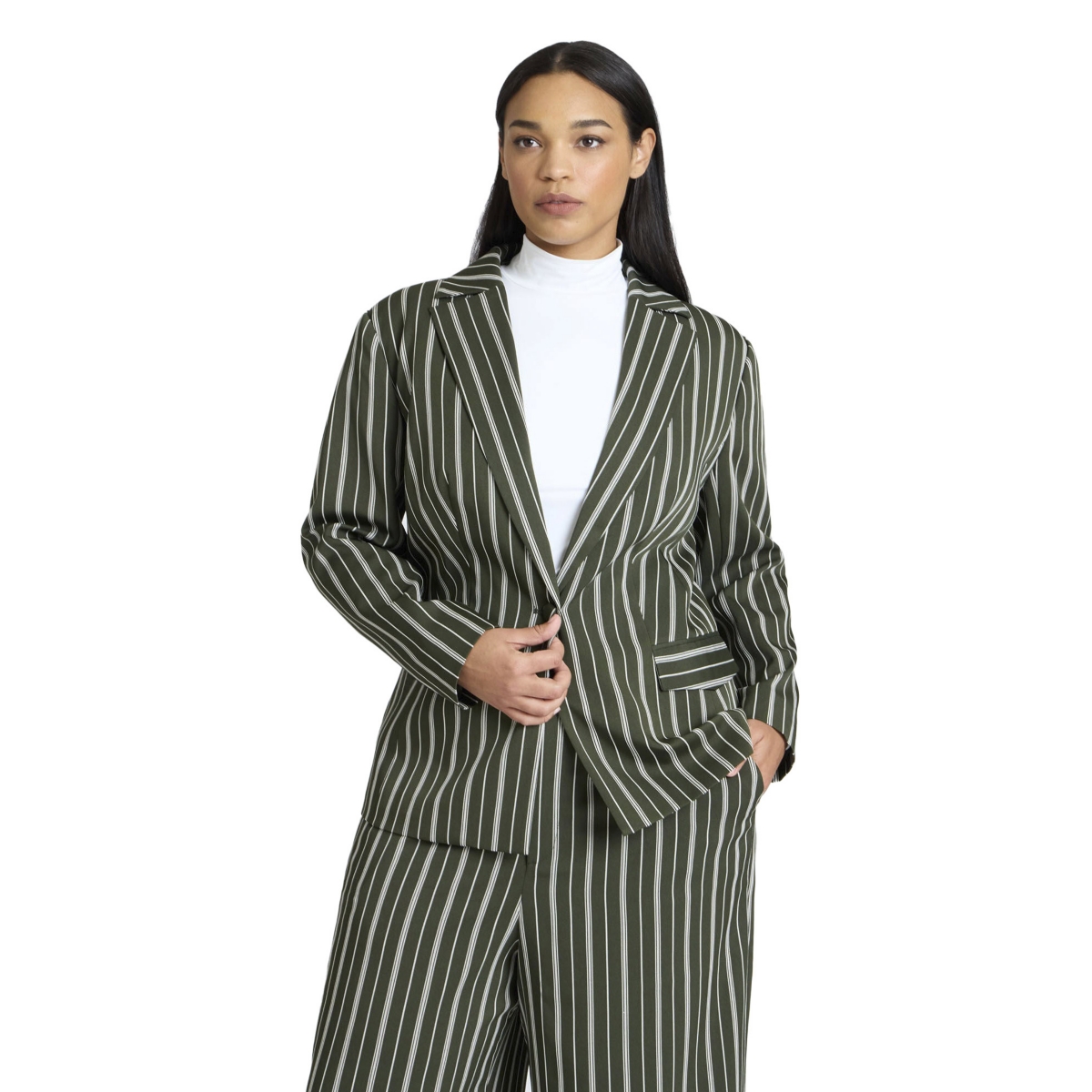 Plus Size Fitted Striped Blazer - Green and white