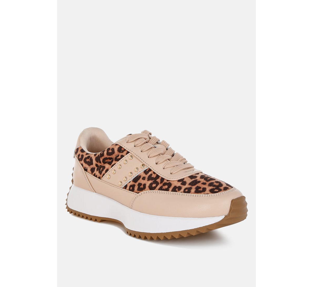 Lepark Real Leather Leopard Print Sneakers - Beige
