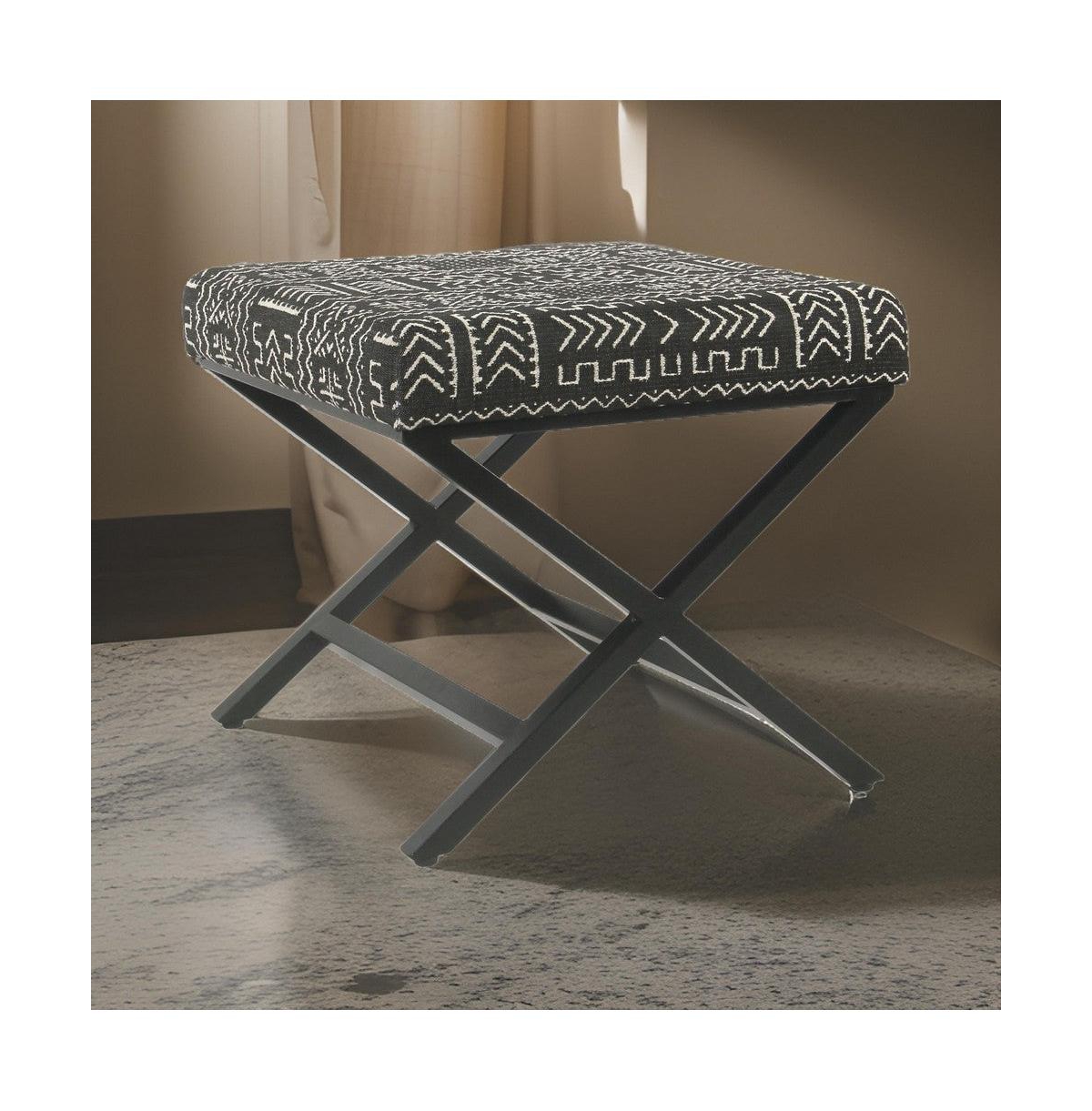 Tribal Pattern Upholstered Ottoman with X-Shape Legs for Stylish Seating & Storage