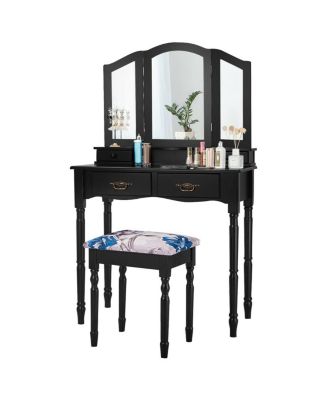 Simple Vanity Set with Tri-Folding Mirror Drawers and Storage Shelf