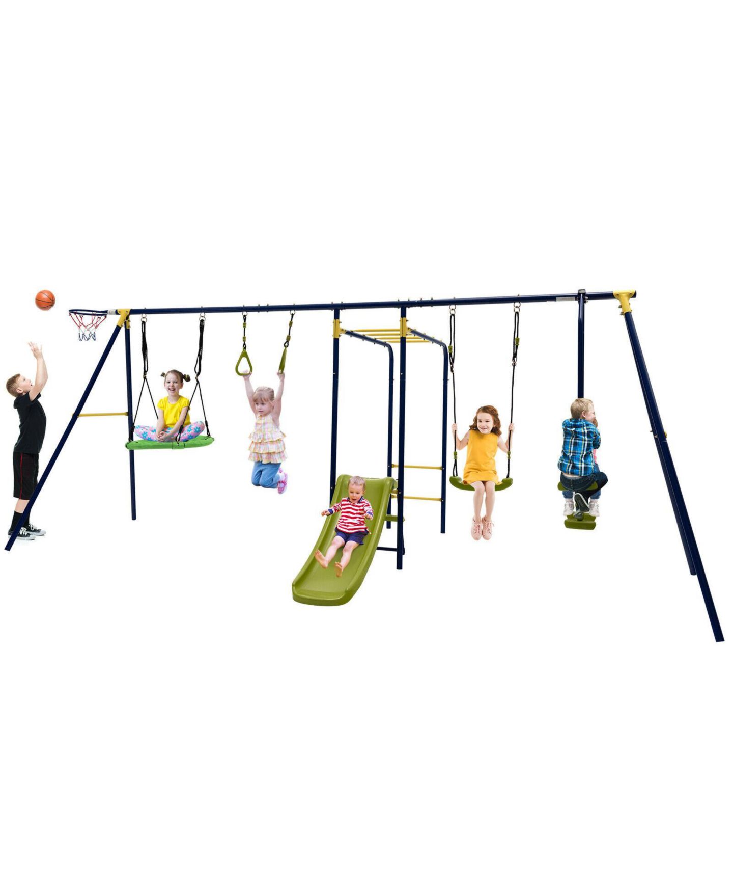 Детские игрушки HONGGE 7-in-1 A-Frame Metal Swing Set with Swing, Saucer, Glider, Slide, Gym Rings, Monkey Bar & Climbing Rope, Ages 3-10, цвет: Синий — фото 2