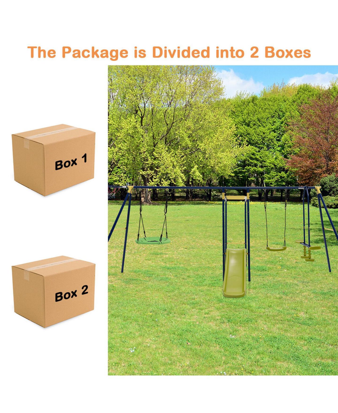 Детские игрушки HONGGE 7-in-1 A-Frame Metal Swing Set with Swing, Saucer, Glider, Slide, Gym Rings, Monkey Bar & Climbing Rope, Ages 3-10, цвет: Синий — фото 11