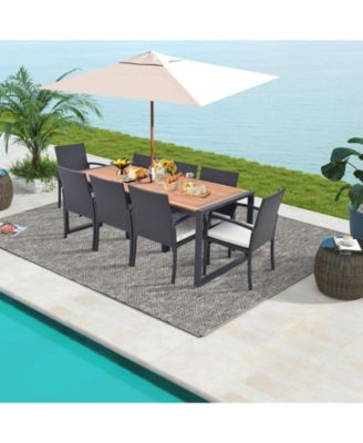 9 Pieces Patio Rattan Dining Set with Acacia Wood Table for Backyard Garden-L-shaped Handrail