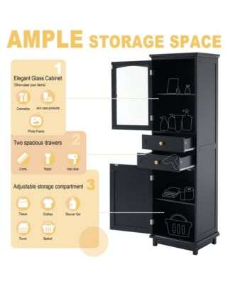 63&amp;#x22; MDF Tall Bathroom Storage Cabinet with Glass Doors, Drawers and Adjustable Shelves