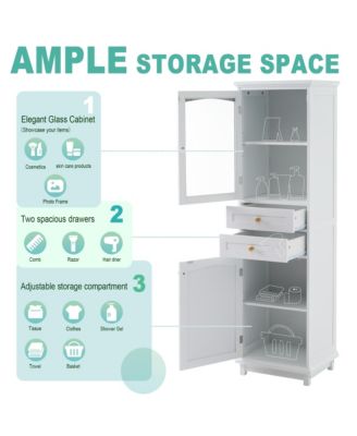 63" MDF Tall Bathroom Storage Cabinet with Glass Doors, Drawers and Adjustable Shelves