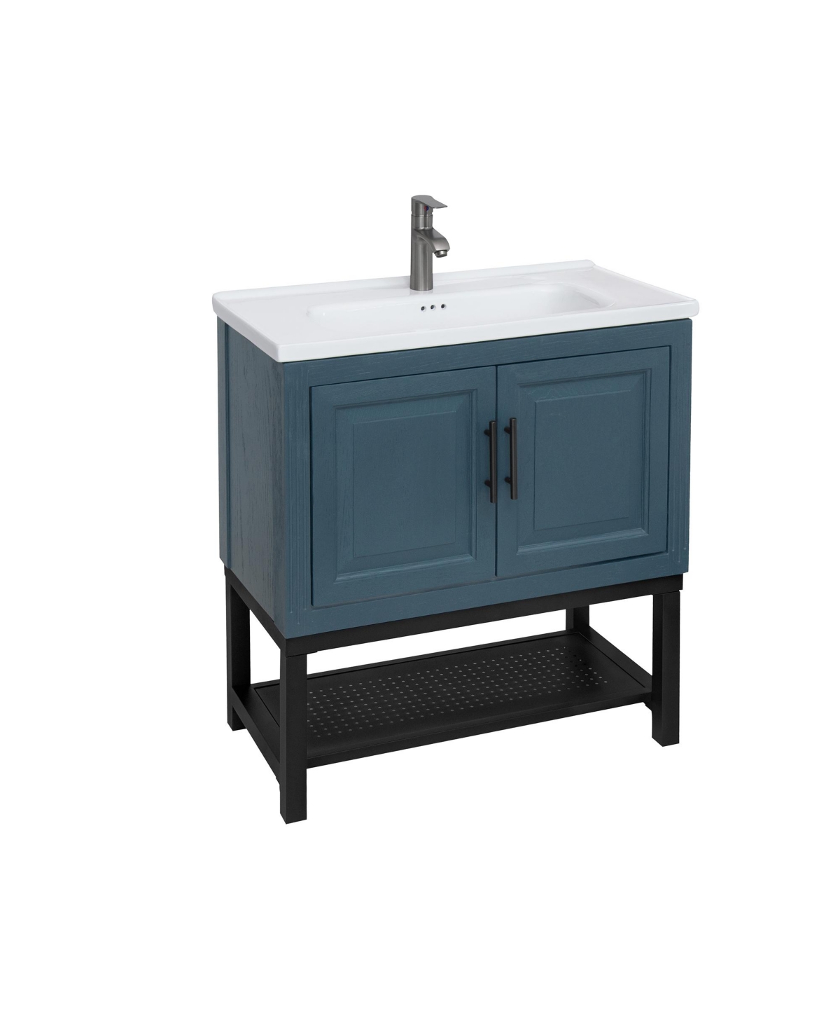 32" Bathroom Vanity with White Ceramic Sink & Faucet,Freestanding Bathroom Cabinet with 2 Storage Doors and Open iron Shelf - Blue