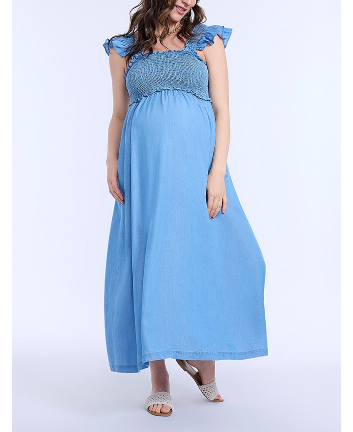 Maternity Sleeveless Ruffle Shoulder Smocked Maxi Dress - Motherhood - Skyway ditsy floral