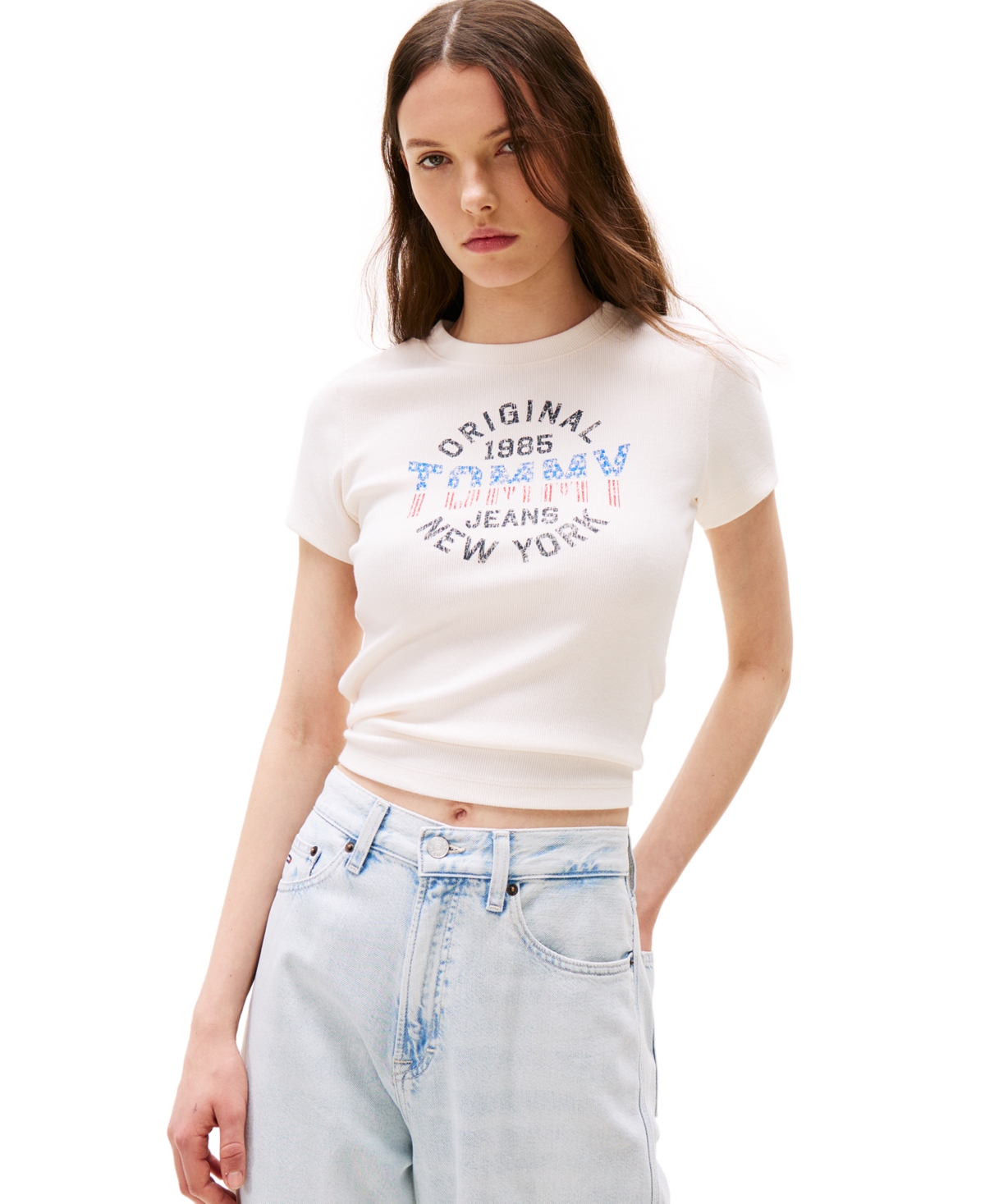 Tommy Jeans Women's Slim-fit Ribbed Americana Graphic T-shirt In Ancient White
