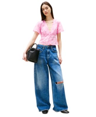 Women's Cotton Embroidered Plunging-Neck Blouse