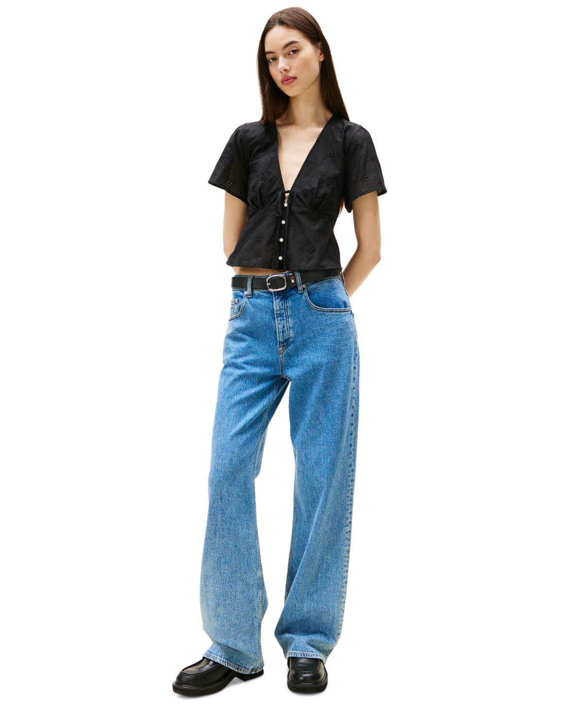 Tommy Jeans Women's Cotton Embroidered Plunging-neck Blouse In Black