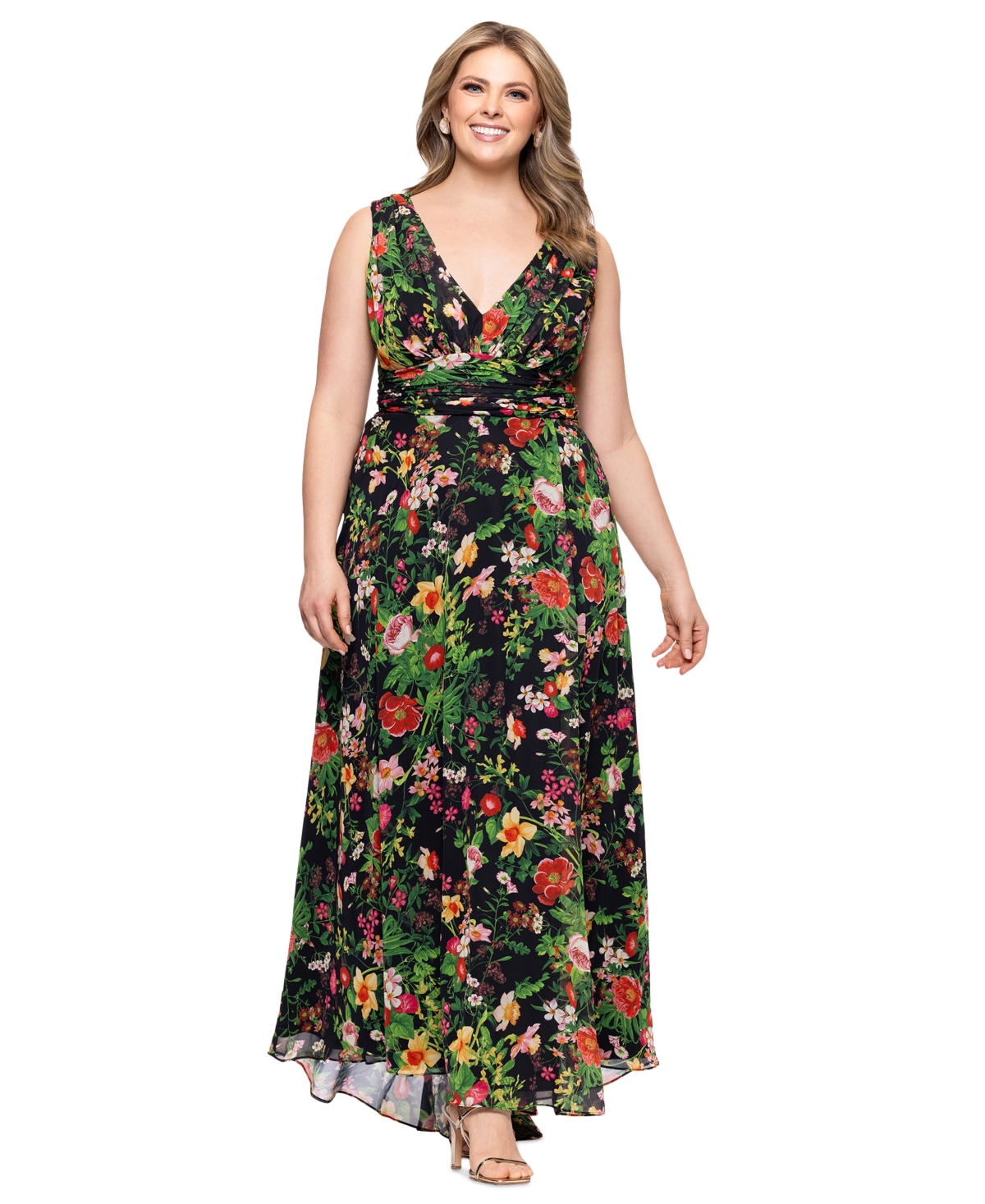 Betsy & Adam Plus Size Floral Print V-neck Sleeveless Gown In Black,red