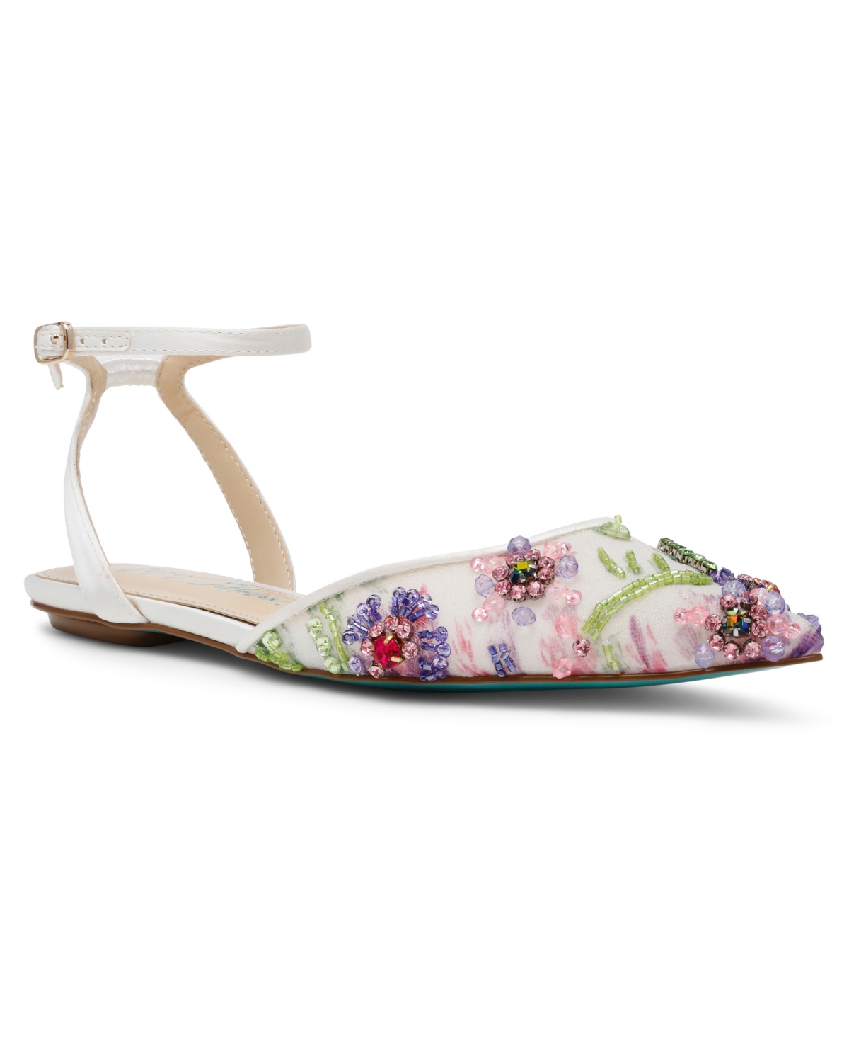 Betsey Johnson Garbo Pointed Toe Ankle Strap Flat In Ivory Multi