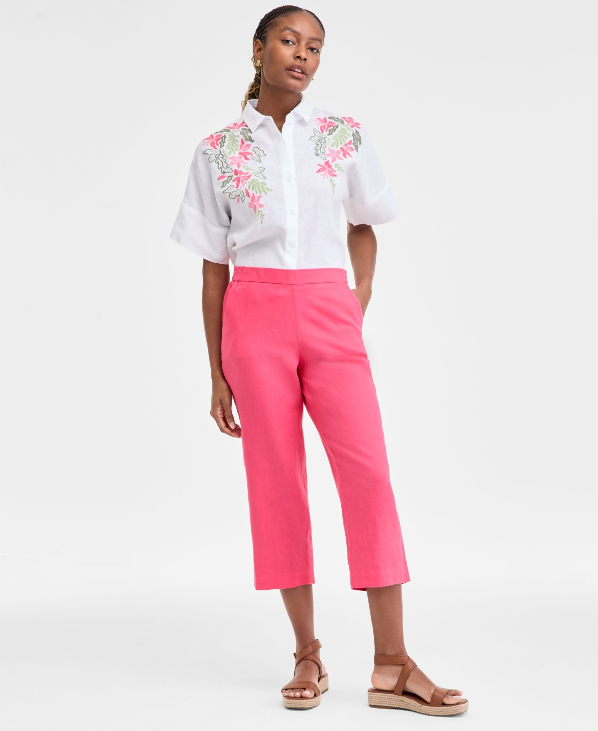 CHARTER CLUB WOMEN'S 100% LINEN SOLID CROPPED PULL-ON PANTS, CREATED FOR MACY'S 