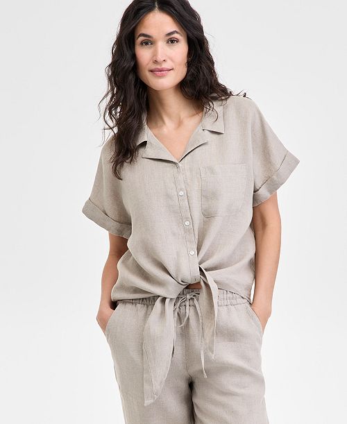 alfani Charter Club Women's 100% Linen Tie-Front Shirt Created for Macy's Women's Fashion Shoes & Accessories