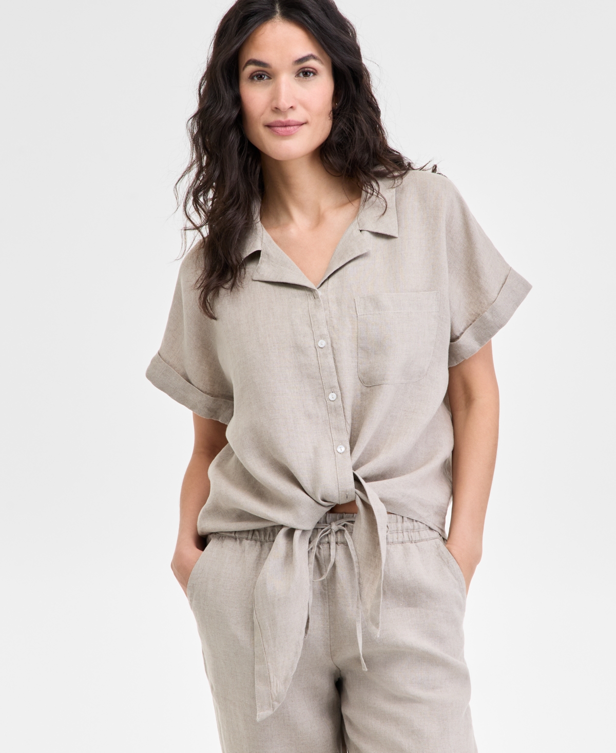 Charter Club Women's 100% Linen Tie-front Shirt, Created For Macy's In Flax Combo