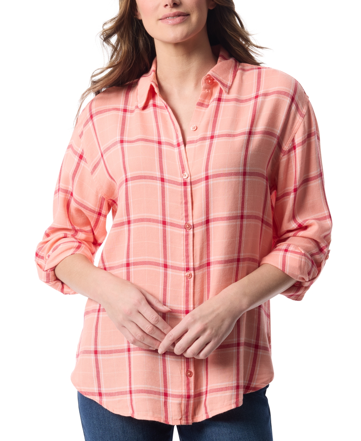 Women's Amanda Roll-Tab-Sleeve Shirt - Coral Crush Sonnet Plaid