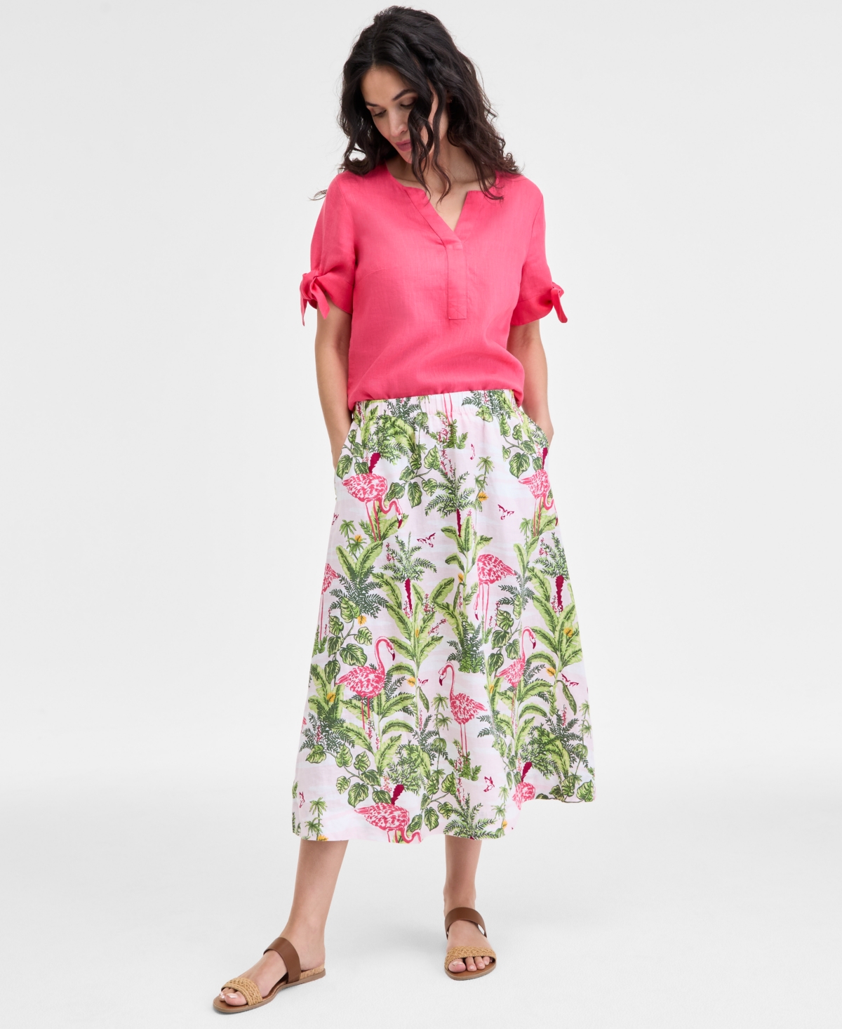 Women's 100% Linen Palm Print Midi Skirt, Exclusively at Macy's - Palm Beach