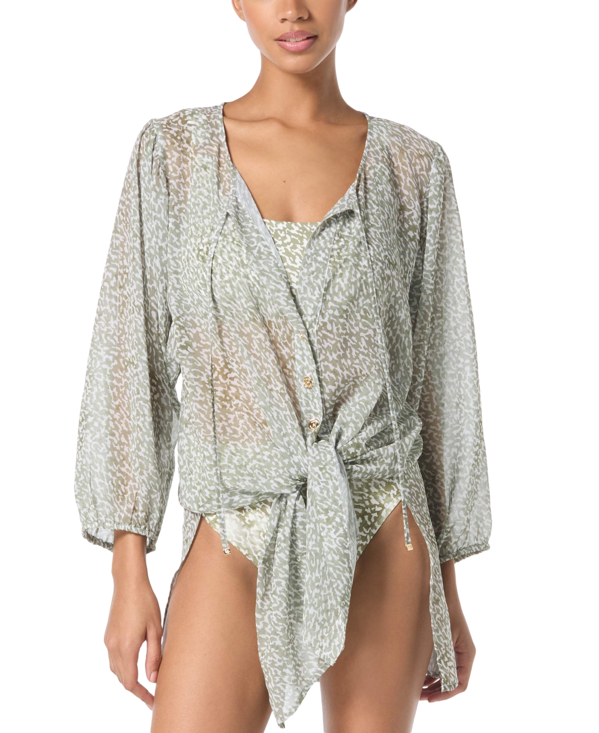 Shop Michael Kors Michael  Women's Printed Button-front Cover-up Shirt In Safari Green