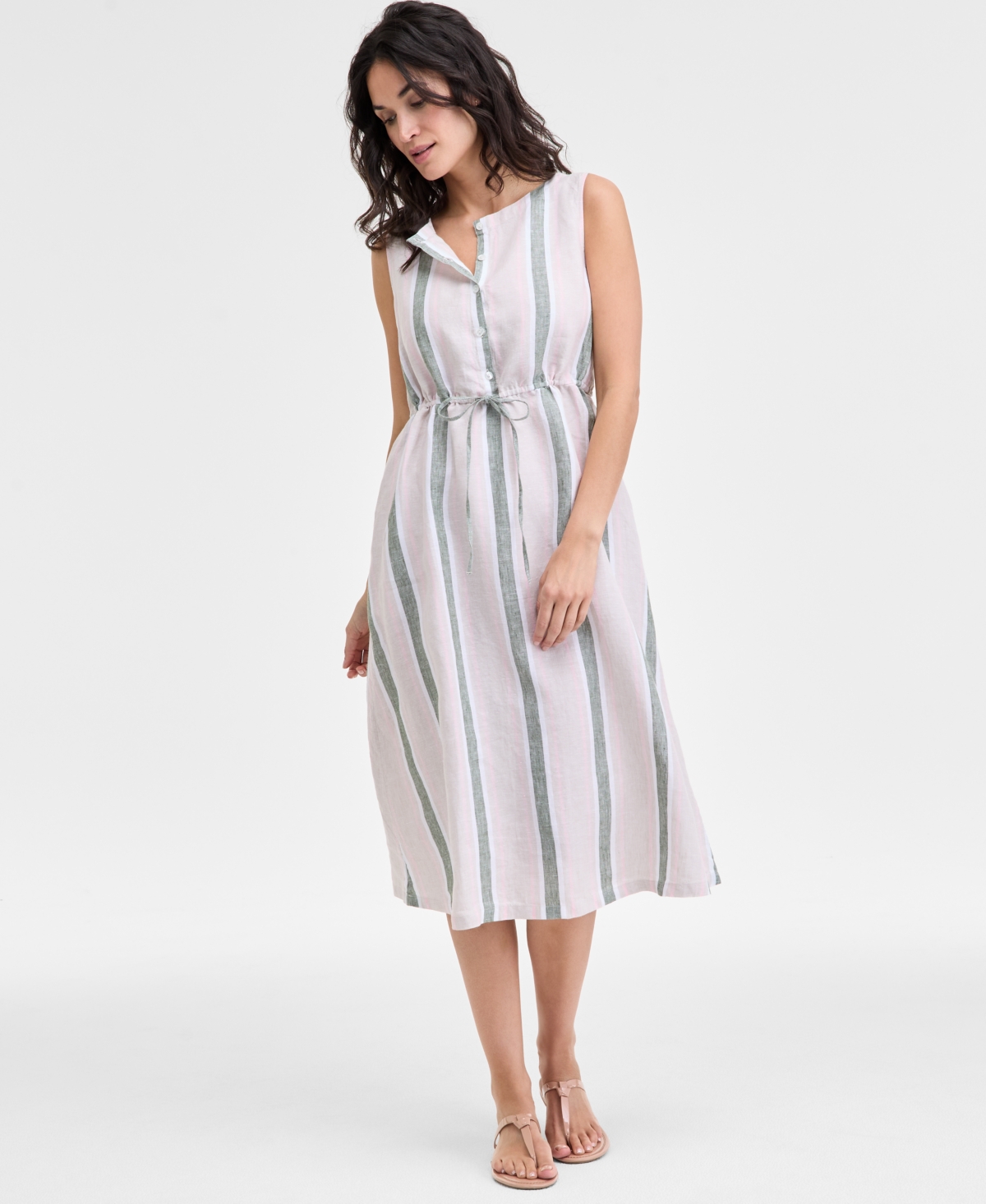 Women's 100% Linen Striped Midi Dress, Exclusively at Macy's - Neutral Combo