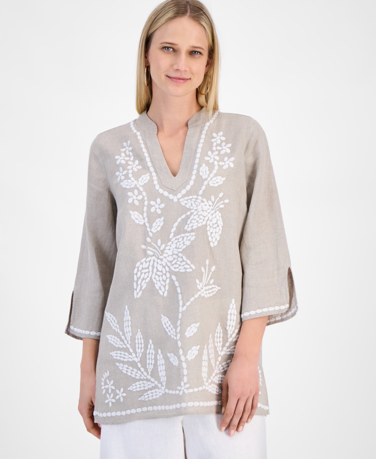 Women's 100% Linen 3/4-Sleeve Tunic Top, Exclusively at Macy's - Flax Combo