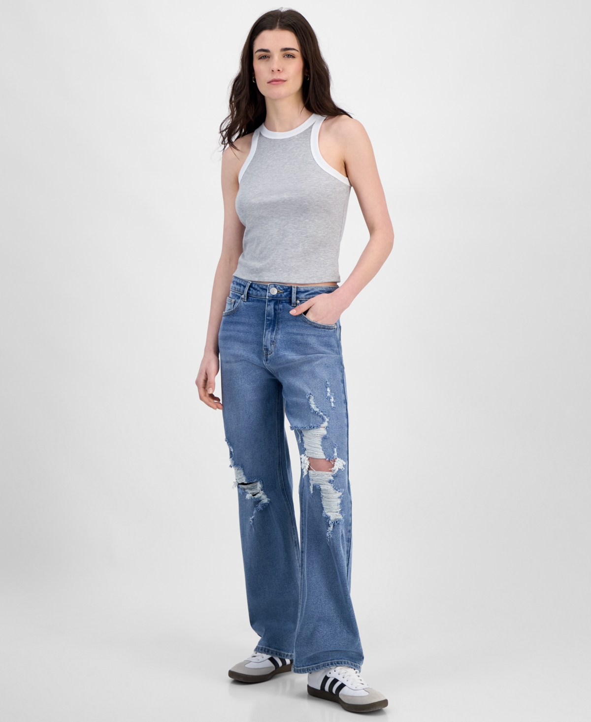 Madden Girl Juniors' Super High Rise Distressed 90s Wide Leg Jeans