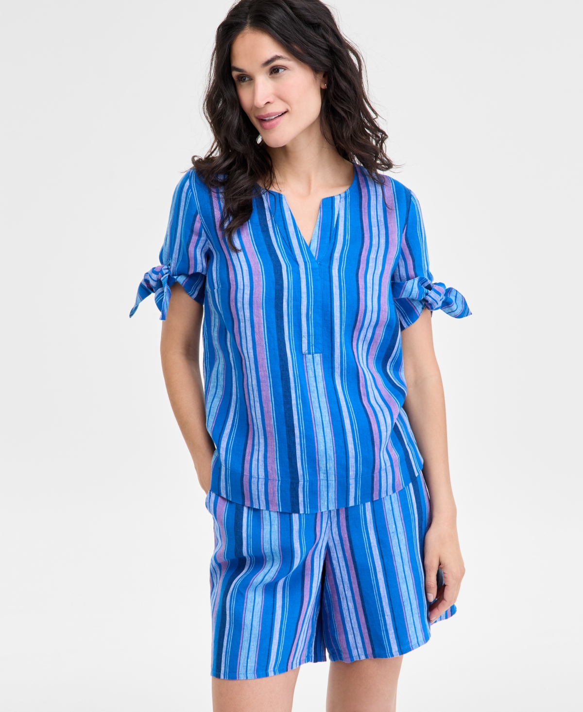 Women's Striped 100% Linen Tied-Sleeve Top, Exclusively at Macy's - Bright White
