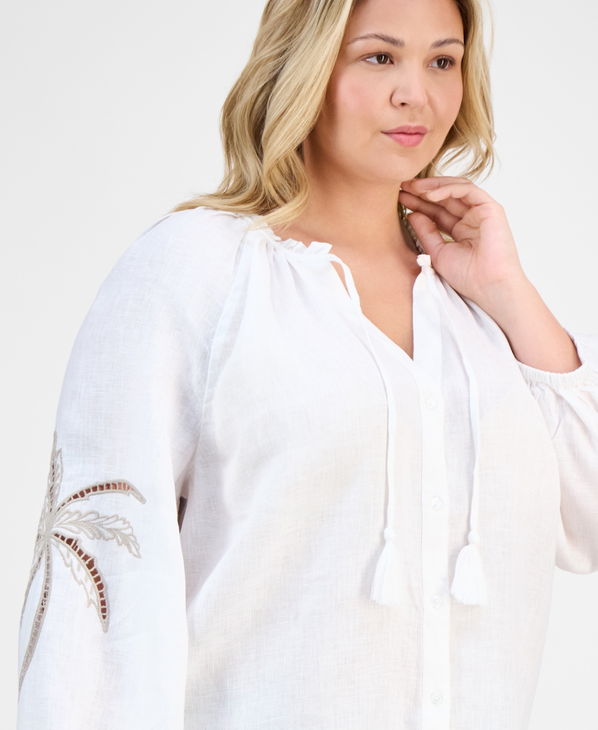 CHARTER CLUB PLUS SIZE EMBROIDERED-PALM LINEN TOP, EXCLUSIVELY AT MACY'S 
